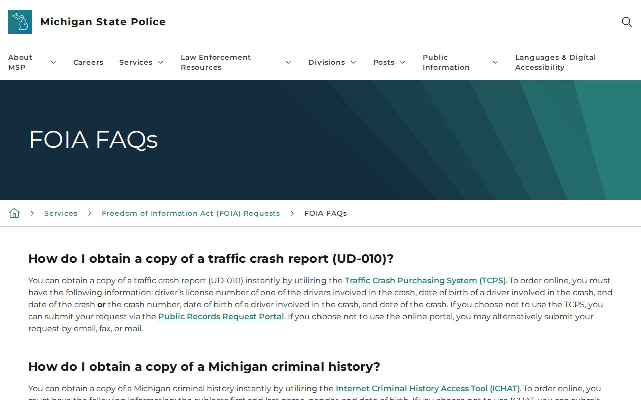 Galesburg criminal records Michigan State Police FOIA information