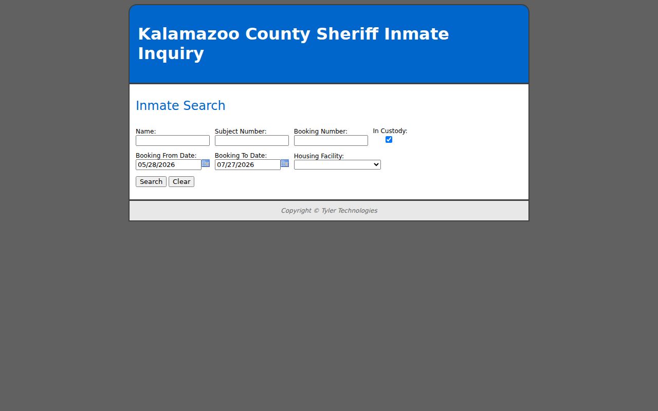 KCSO inmate inquiry for Kalamazoo County arrest and booking records