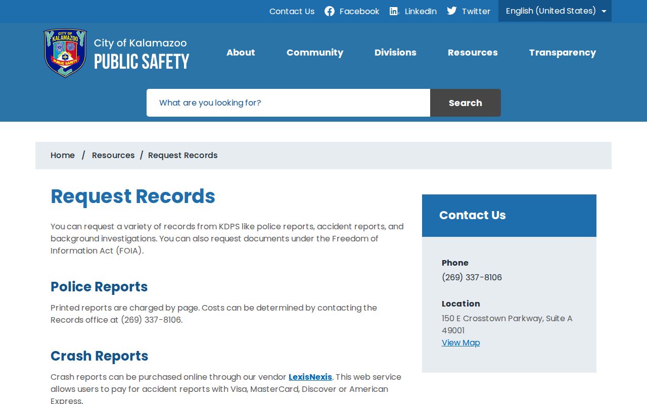 Kalamazoo criminal history KDPS records request page
