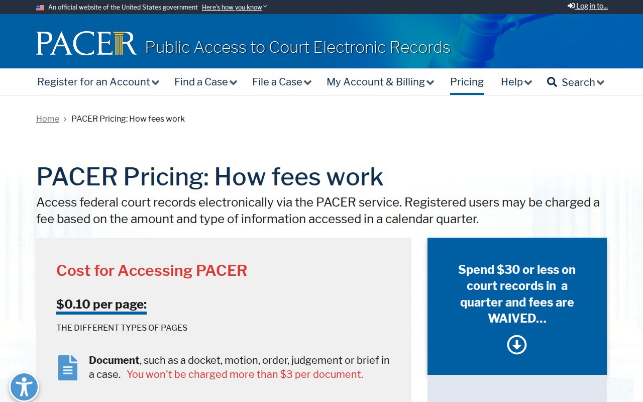 PACER pricing information for federal Kalamazoo County criminal case research