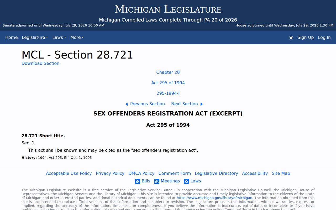 Michigan sex offender registration law used for Kalamazoo County registry records