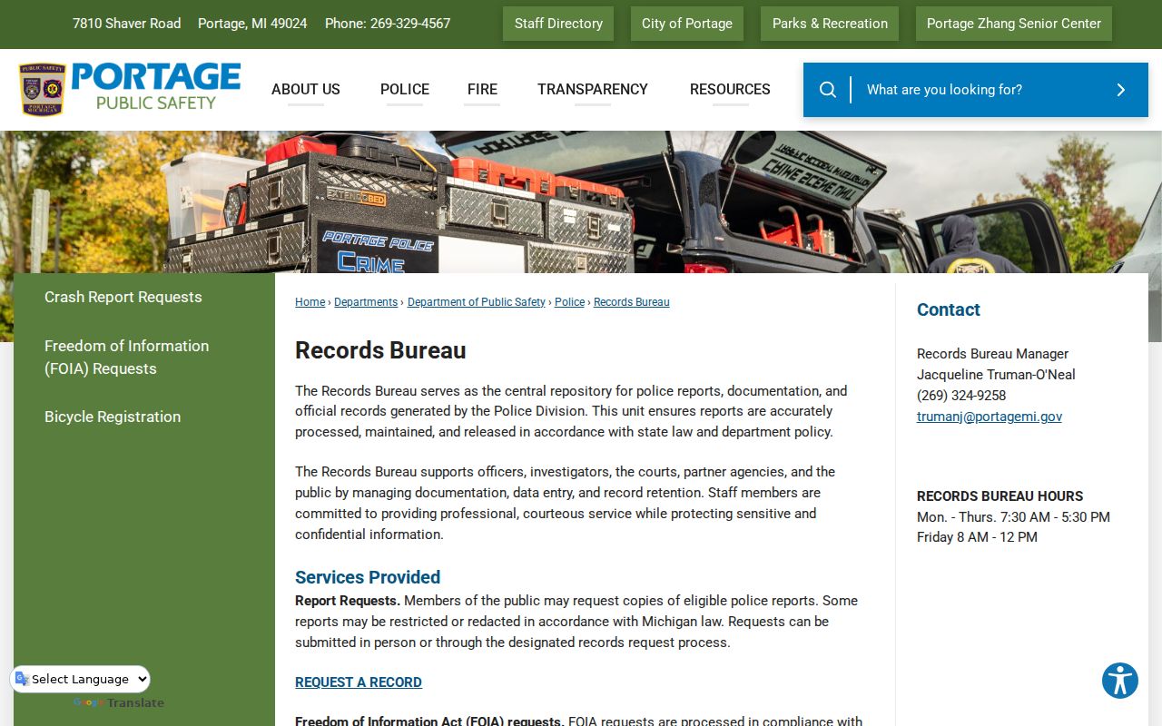 Portage criminal history Police Records Bureau page