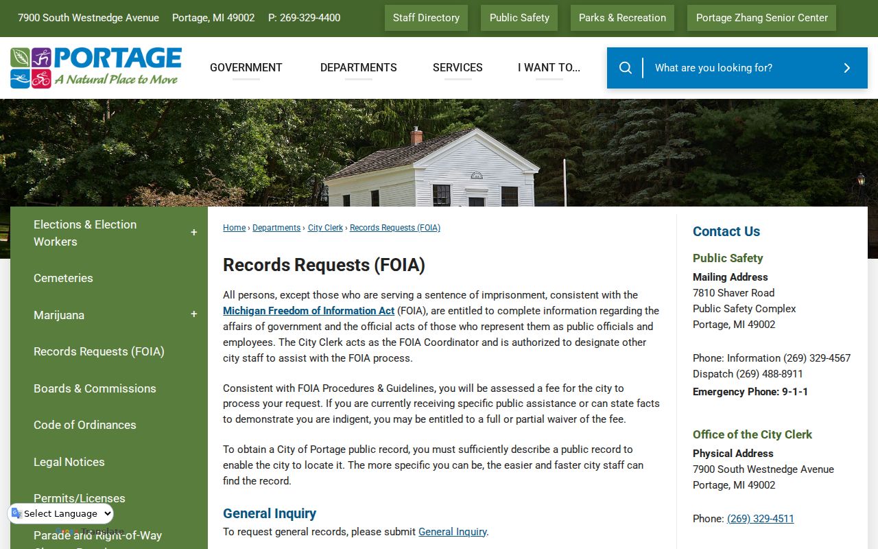 Portage criminal history official FOIA request page
